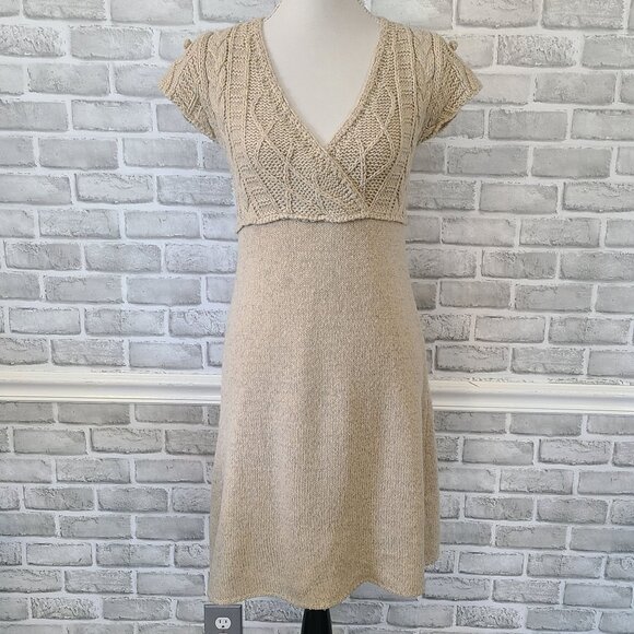 Button Wool V-neck Wrap Front Sweater Dress Cable Knit Short Sleeve Knee Length - Picture 1 of 11